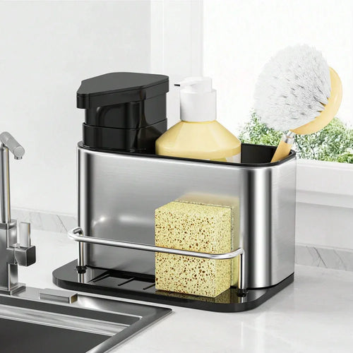 3-in-1 Stainless Steel Kitchen Soap Dispenser with Sponge Holder & Sink Organizer