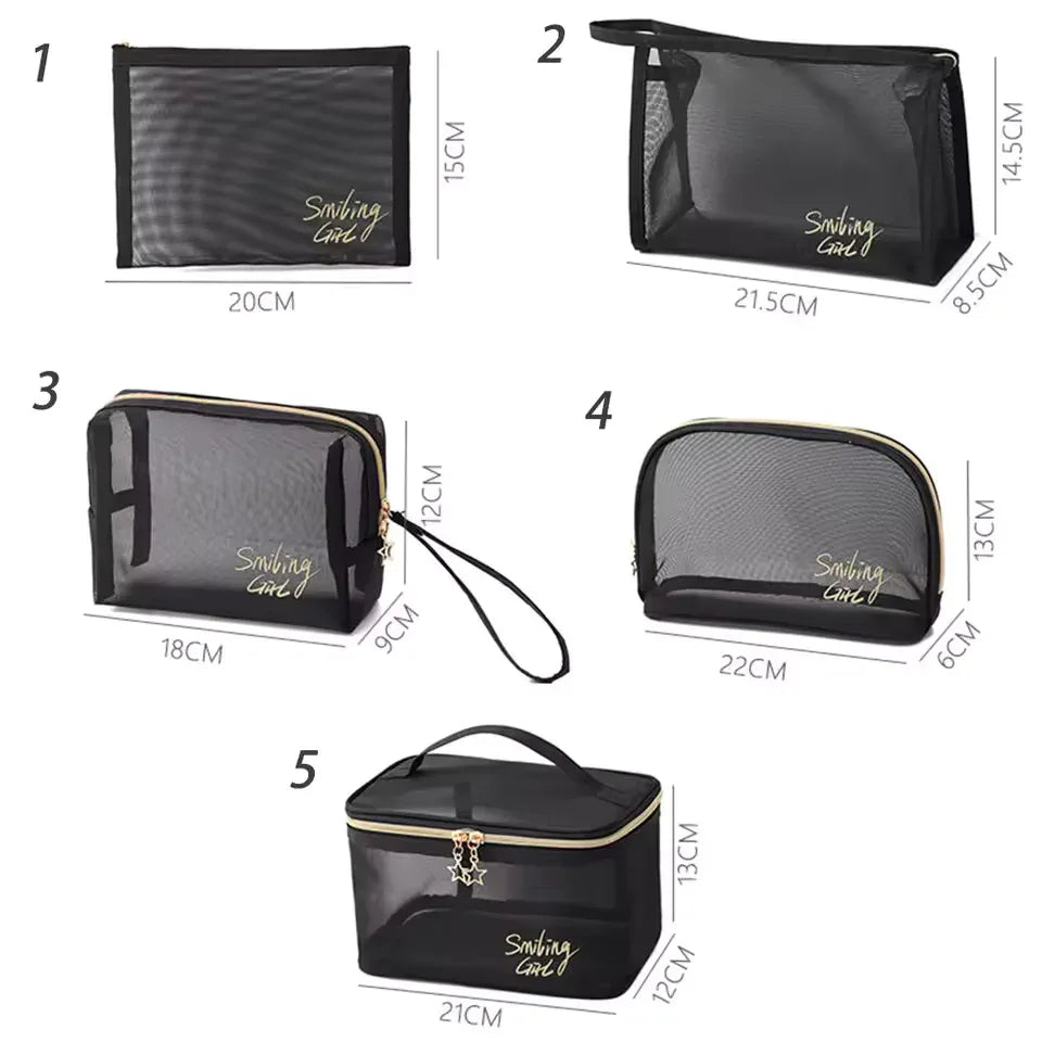 5-Piece Mesh Cosmetic Organizer Set – Makeup & Toiletry Storage Bags