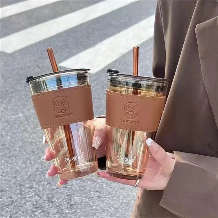 Glass Water Cup with Straw & Leather Handle Sleeve – High Aesthetic Coffee Mug (Random Color)