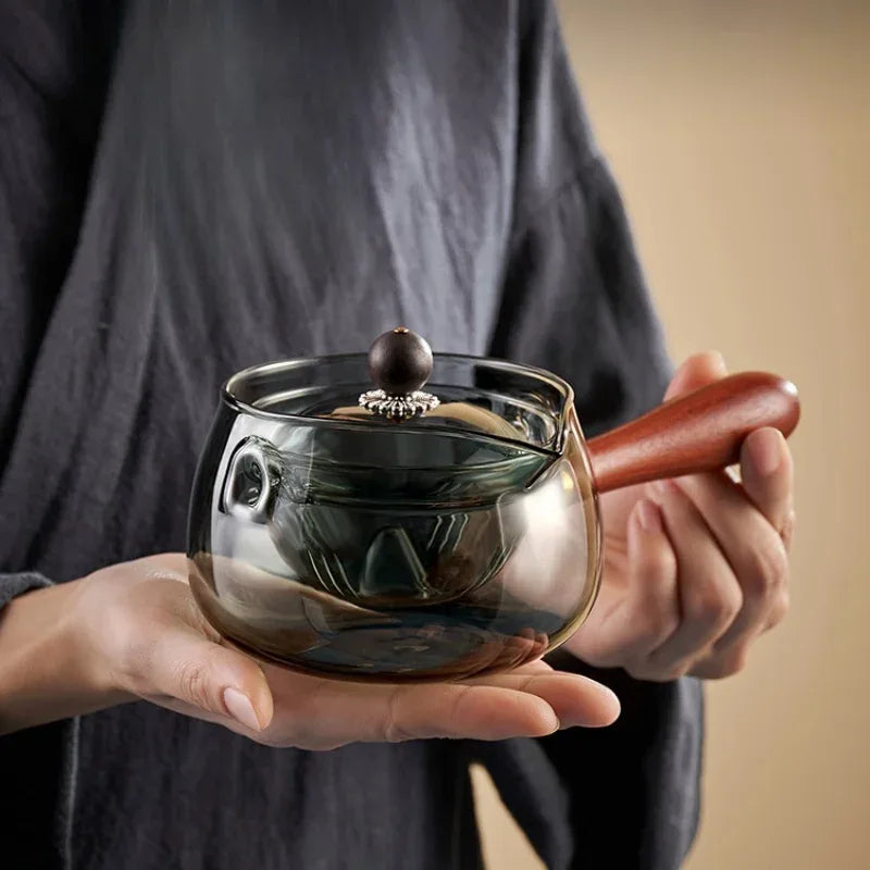 Side Handle Glass Teapot – High-Temperature Resistant Rotating Tea Filter Pot