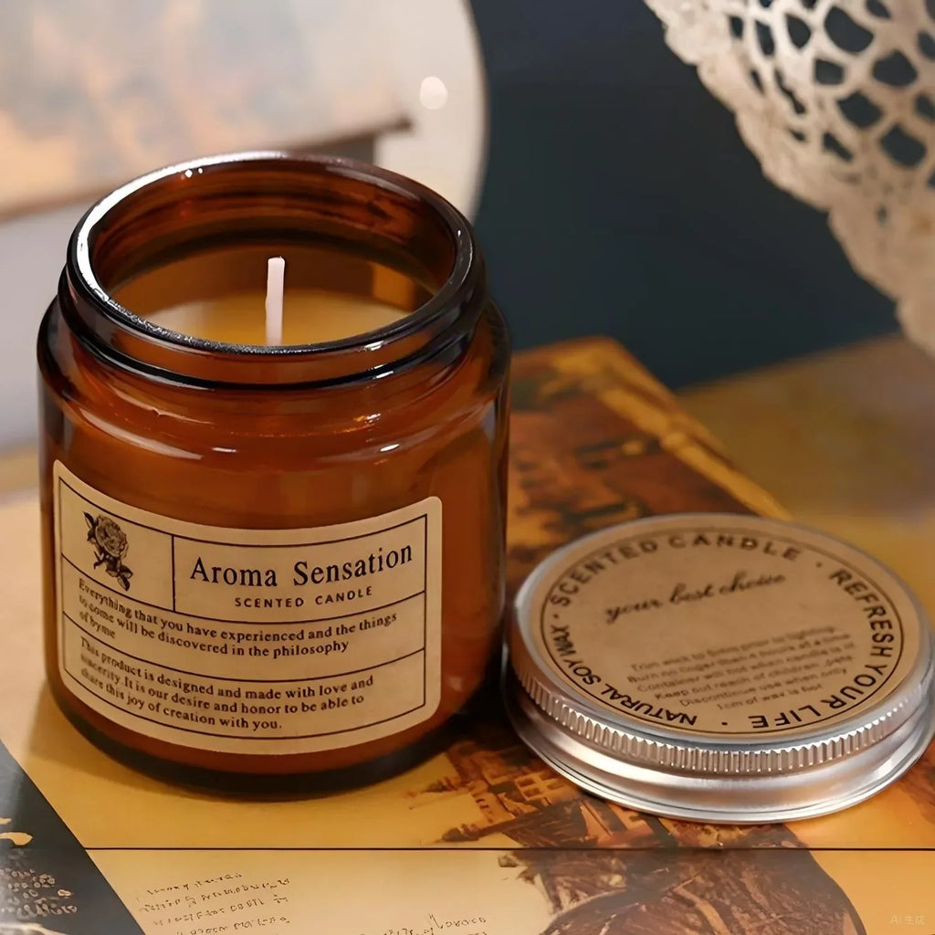 Amber Glass Scented Candle – Handmade Smokeless Vintage Décor