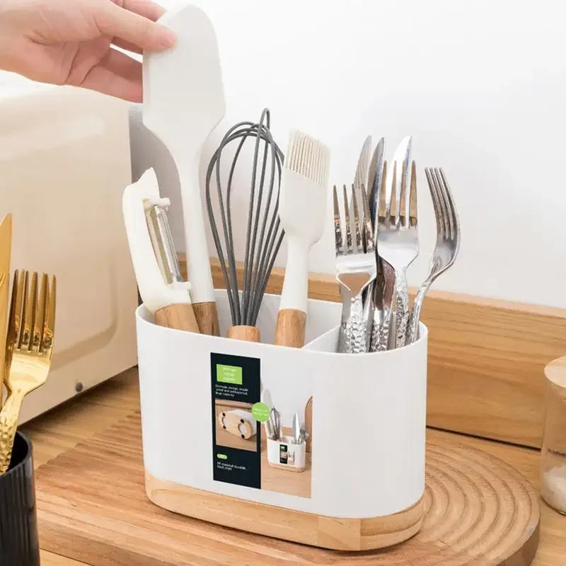 Kitchen Tableware Utensil Holder with Wooden Base – Cutlery Drainer