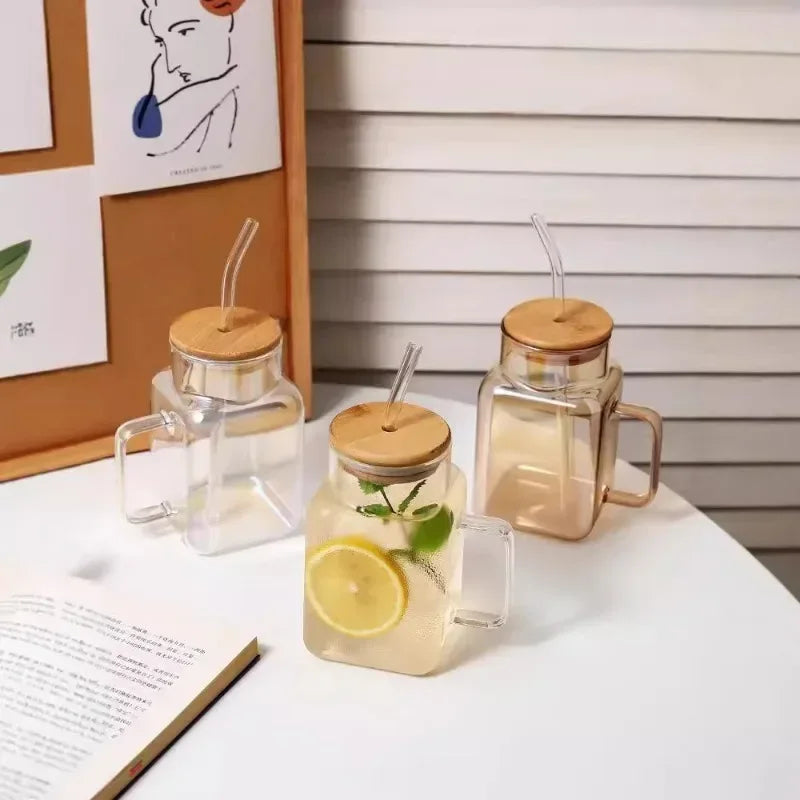 Square Mason Jar with Straw – Glass Drinking Cup (620ml)