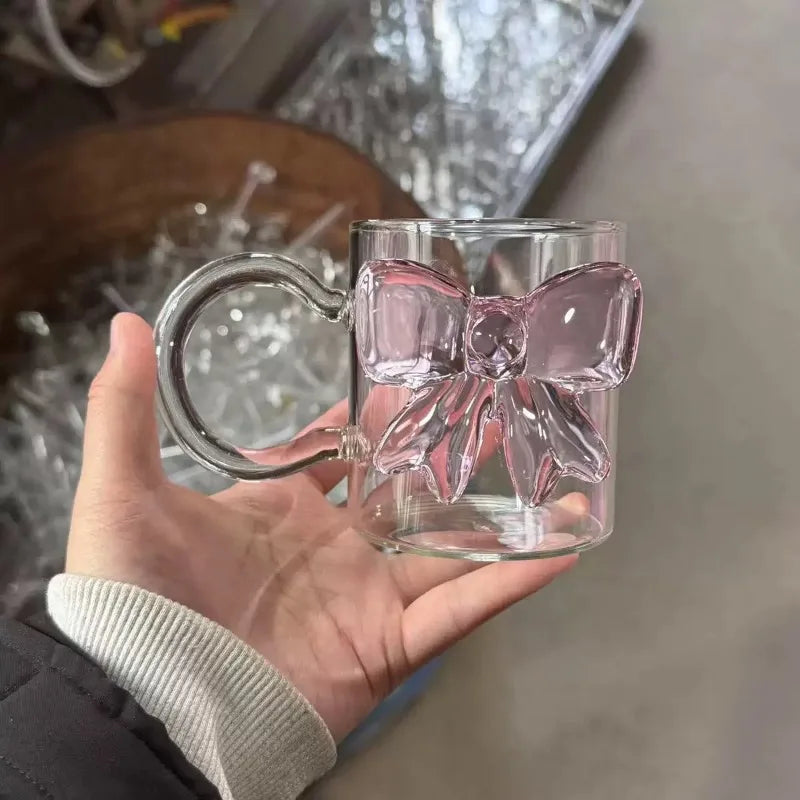 Luxury 3D Pink Bow Glass Mug With Handle - Elegant Coquette-Style Coffee & Tea Cup