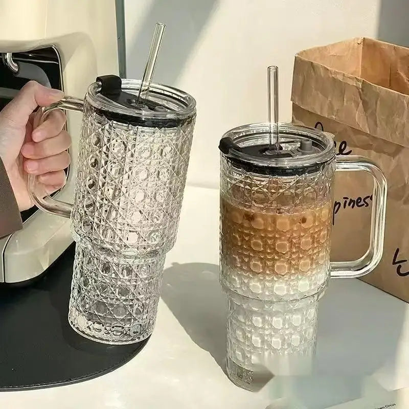Glass Tumbler with Handle & Straw – 750ml Leak-Proof Mug