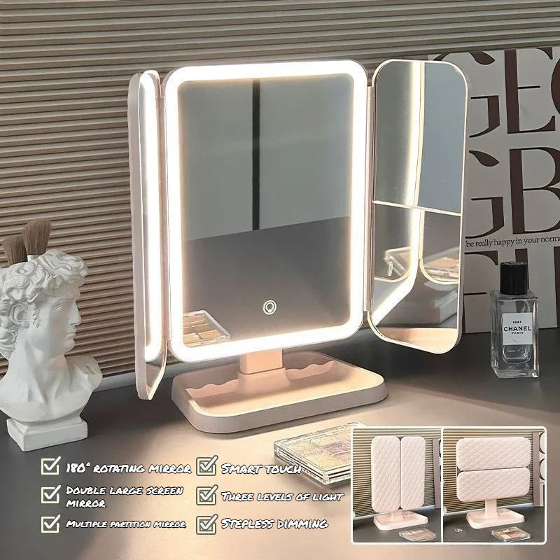 Dual Door 3-Fold LED Makeup Mirror - Touch Control 360° Rotating Vanity Mirror