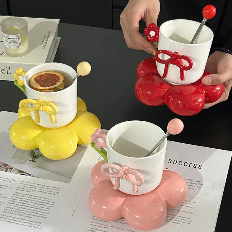 Aesthetic Ceramic Bow Mug Set - Trendy Coquette Coffee Cup Without Spoon (each)