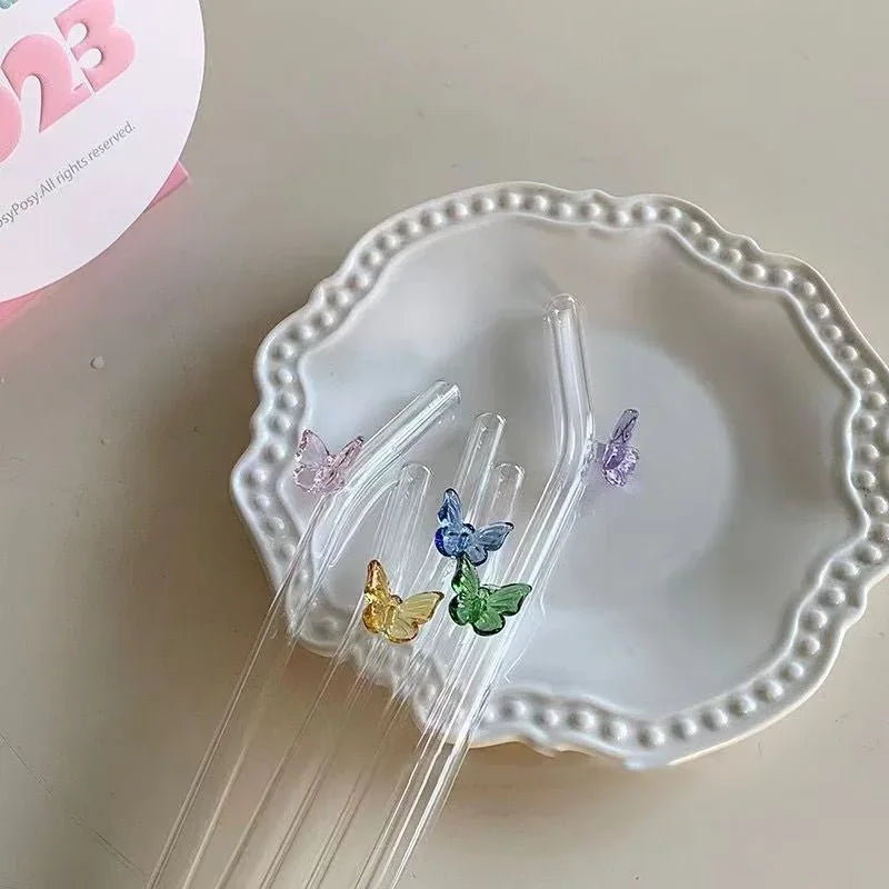6-Piece Glass Butterfly Straw Set – Reusable Cute Drink Straws
