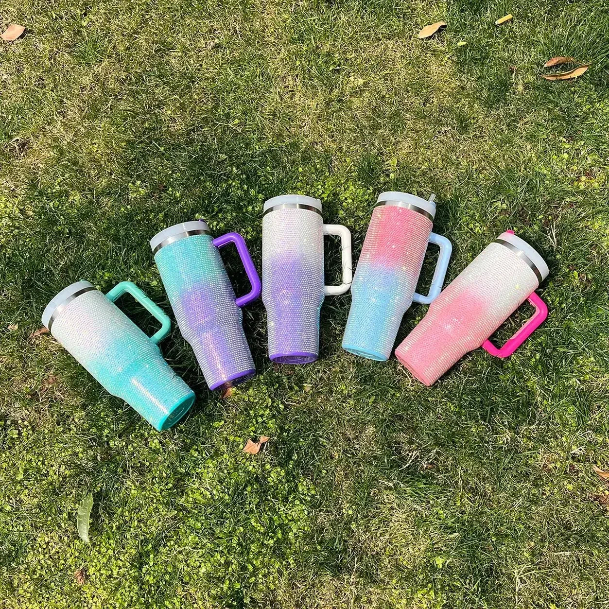 40oz Rhinestone Double Shade Tumbler with Handle (Random color)