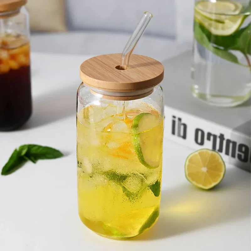 Mason Jar Drinking Glass with Bamboo Lid & Straw – Iced Coffee Cup
