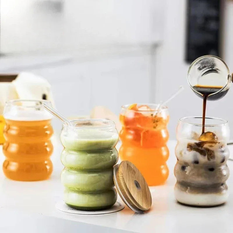 Heat-Resistant Glass Cup with Lid & Straw – Wave Design