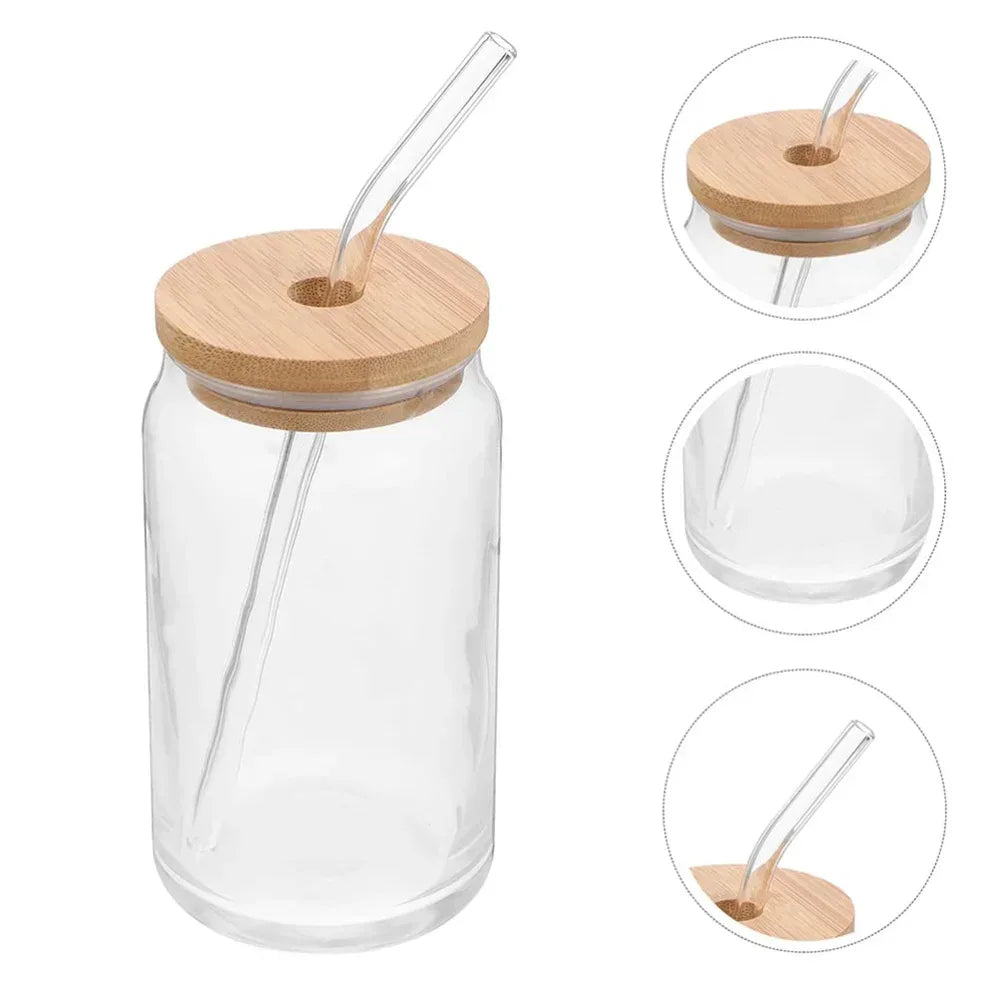 Glass Cup with Bamboo Lid & Straw – 350ml Mason Jar