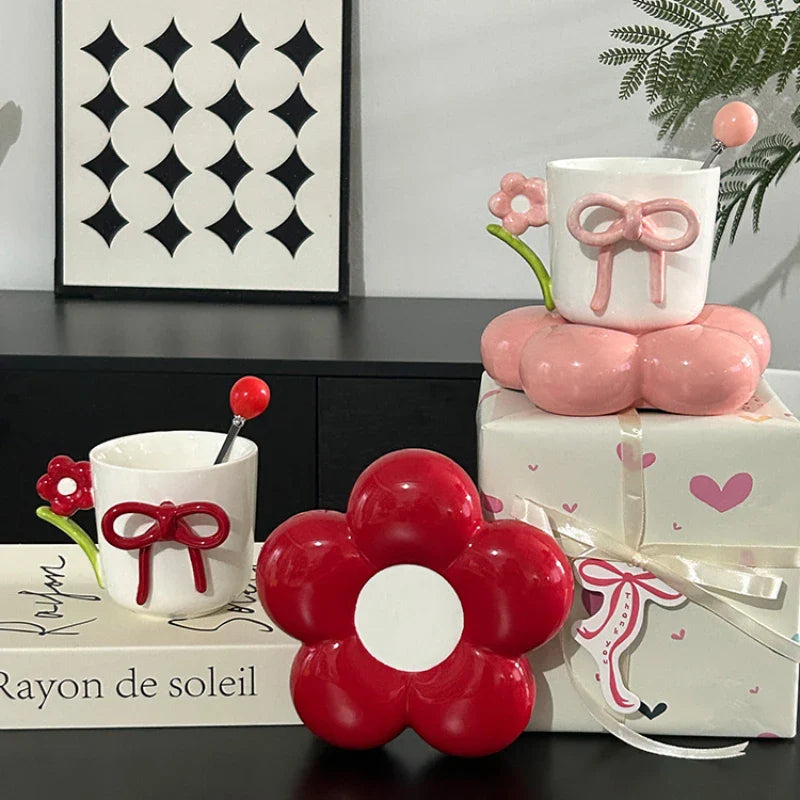Aesthetic Ceramic Bow Mug Set - Trendy Coquette Coffee Cup Without Spoon (each)