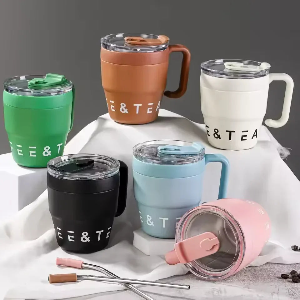 Stainless Steel Straw Lid Bottle 480ml – Hot & Cold Thermos (Random Color)