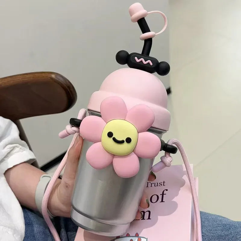 Cartoon Vacuum Straw Cup – Stainless Steel with Carry Rope