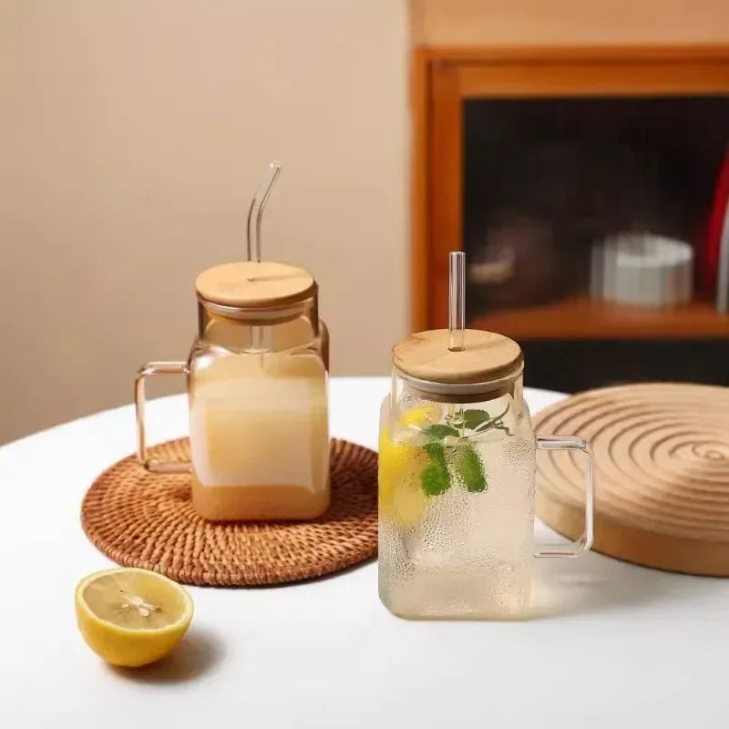 Square Mason Jar with Straw – Glass Drinking Cup (620ml)