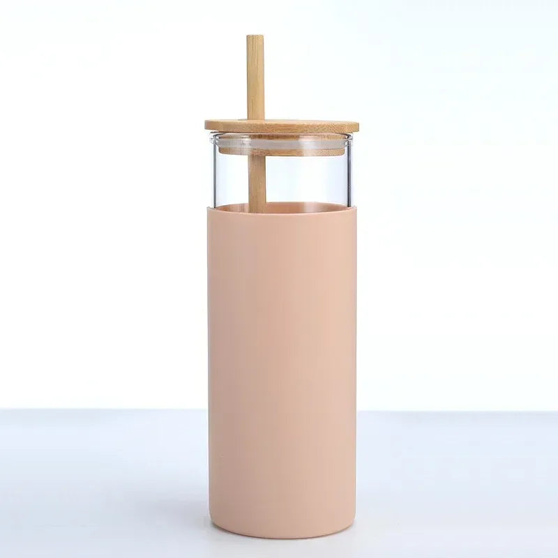 Glass Tumbler with Bamboo Lid With Random Color Cover