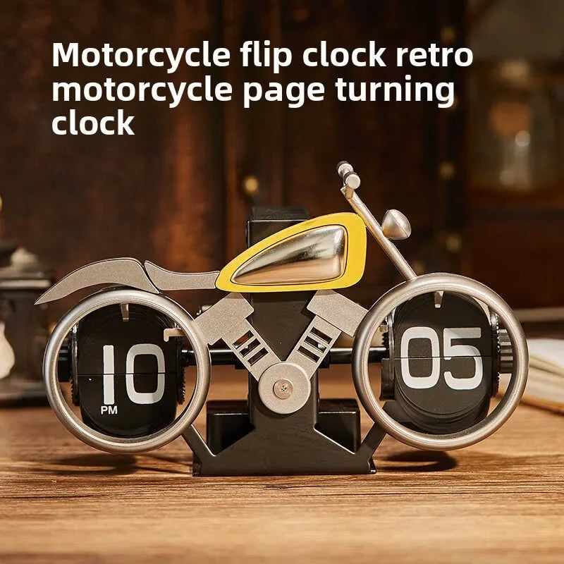 Vintage Motorcycle Flip Clock – Silent Mechanical Table Clock for Home & Office Décor (Random Color)