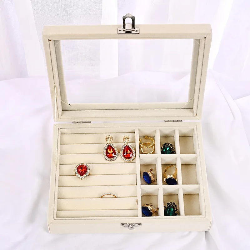 Velvet Jewelry Storage Organizer - Luxury Glass Lid Ring & Necklace Box (Random color)