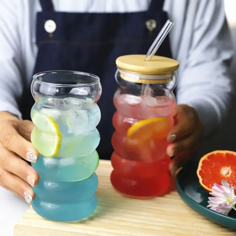 Clear Ripple Glass Cups with Straws – Juice & Cocktail Glasses