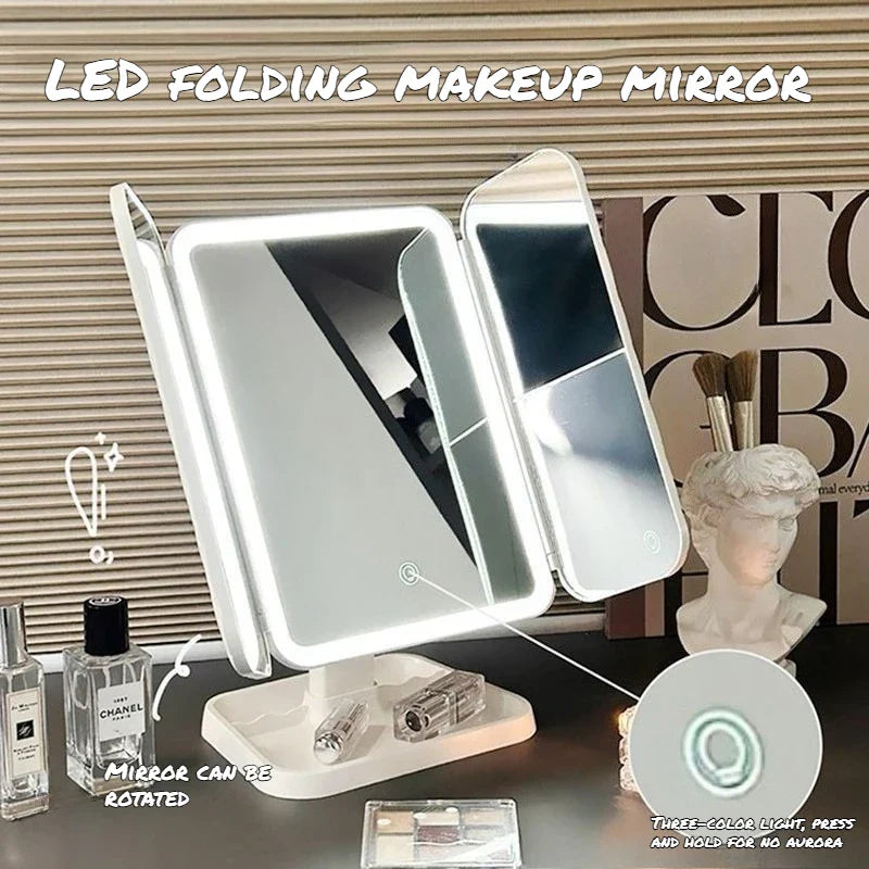 Dual Door 3-Fold LED Makeup Mirror - Touch Control 360° Rotating Vanity Mirror