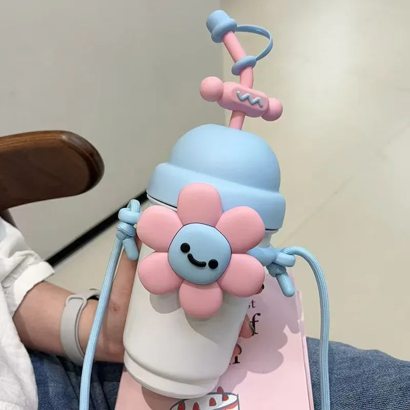 Cartoon Vacuum Straw Cup – Stainless Steel with Carry Rope