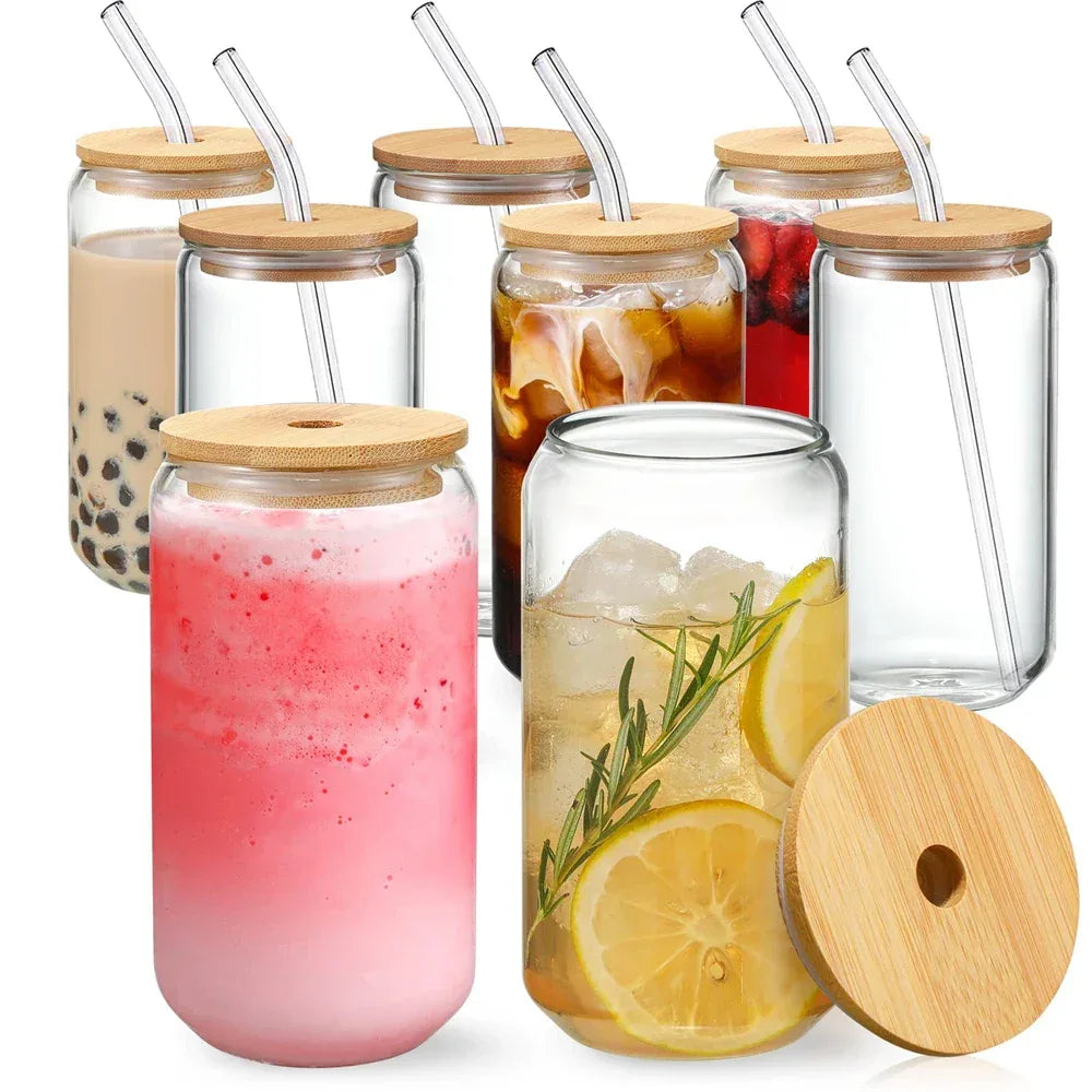 Glass Cup with Bamboo Lid & Straw – 350ml Mason Jar