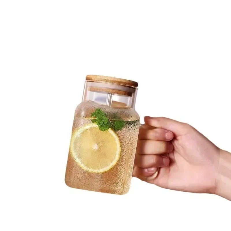 Square Mason Jar with Straw – Glass Drinking Cup (620ml)