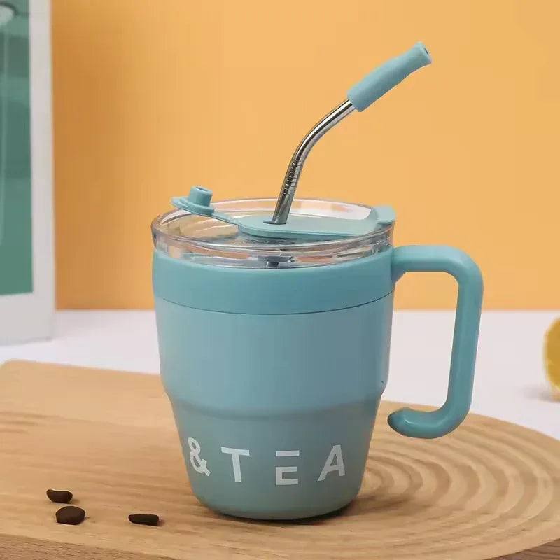 Stainless Steel Straw Lid Bottle 480ml – Hot & Cold Thermos (Random Color)