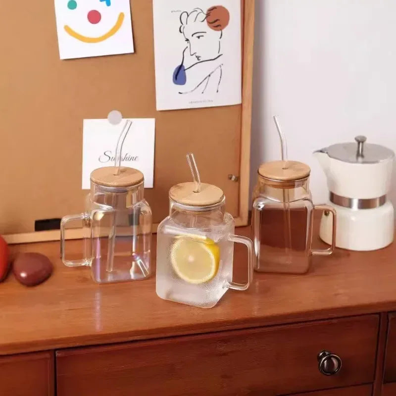 Square Mason Jar with Straw – Glass Drinking Cup (620ml)