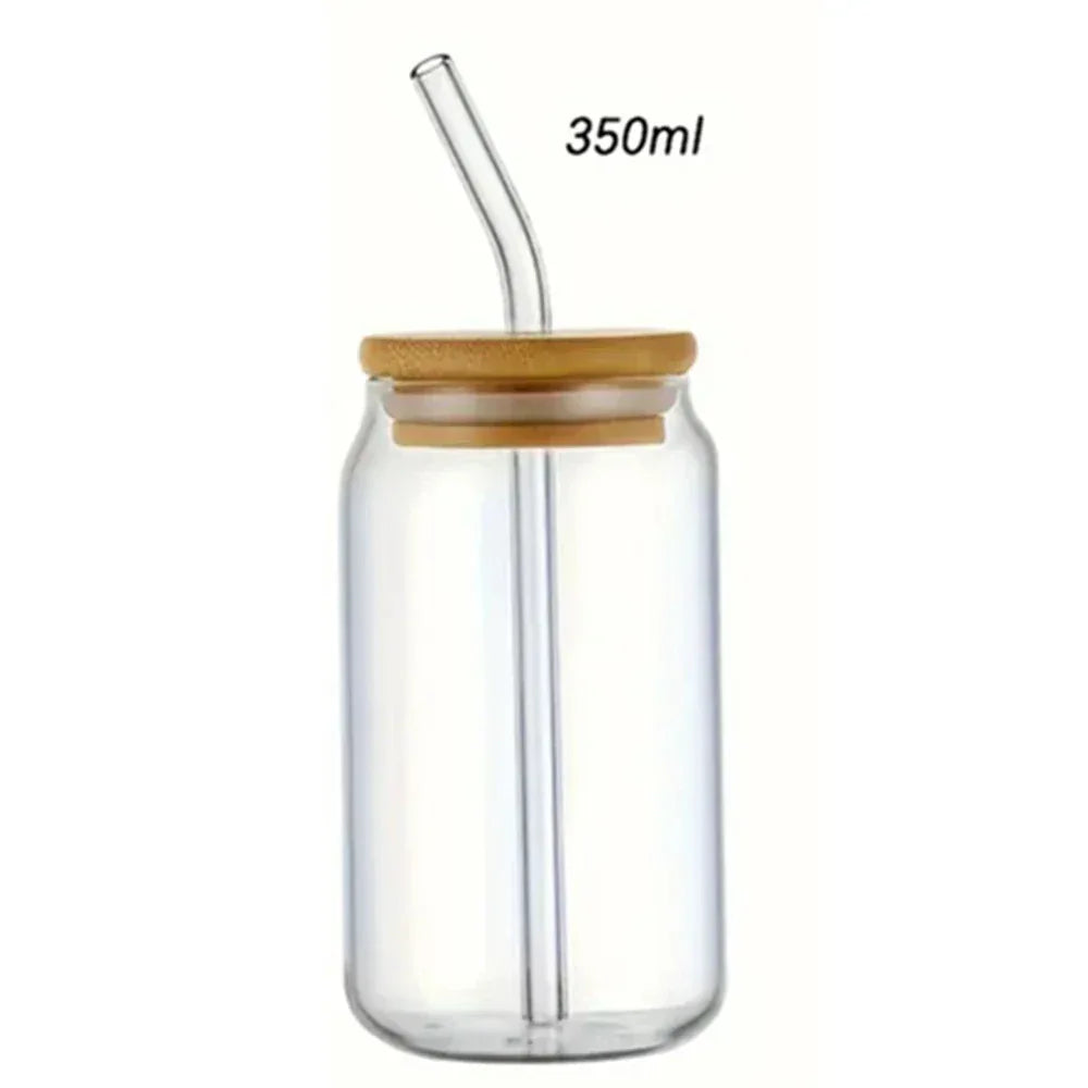 Glass Cup with Bamboo Lid & Straw – 350ml Mason Jar