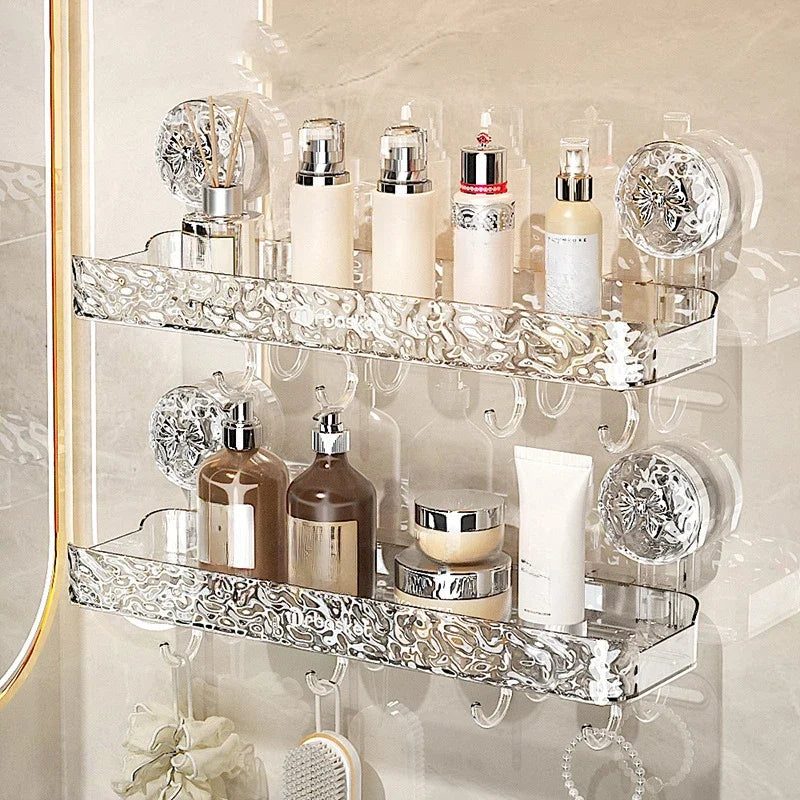 Suction Cup Shower Shelf With Hooks – Heavy-Duty Transparent Organizer