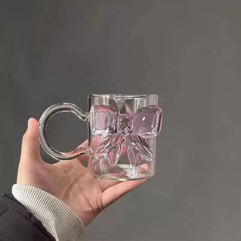 Luxury 3D Pink Bow Glass Mug With Handle - Elegant Coquette-Style Coffee & Tea Cup