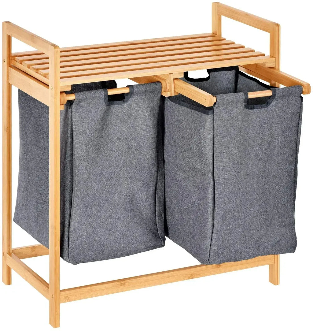 Bamboo Laundry Hamper with Dual Compartments & Removable Bags