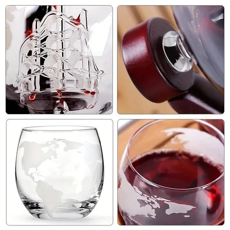 Globe Juice Dispenser with 4 Glasses & Wooden Rack