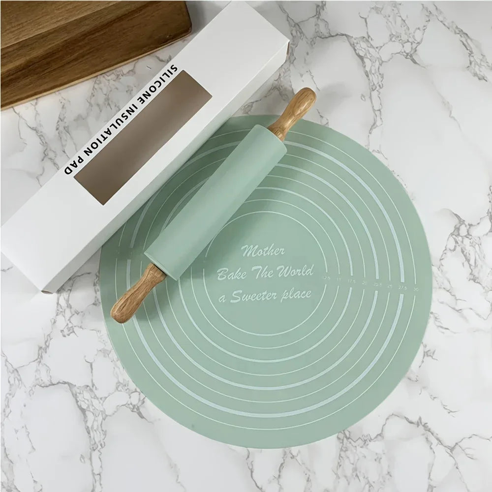 Wooden Rolling Silicone Pin & Baking Mat Set