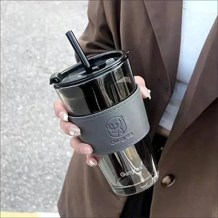 Glass Water Cup with Straw & Leather Handle Sleeve – High Aesthetic Coffee Mug (Random Color)