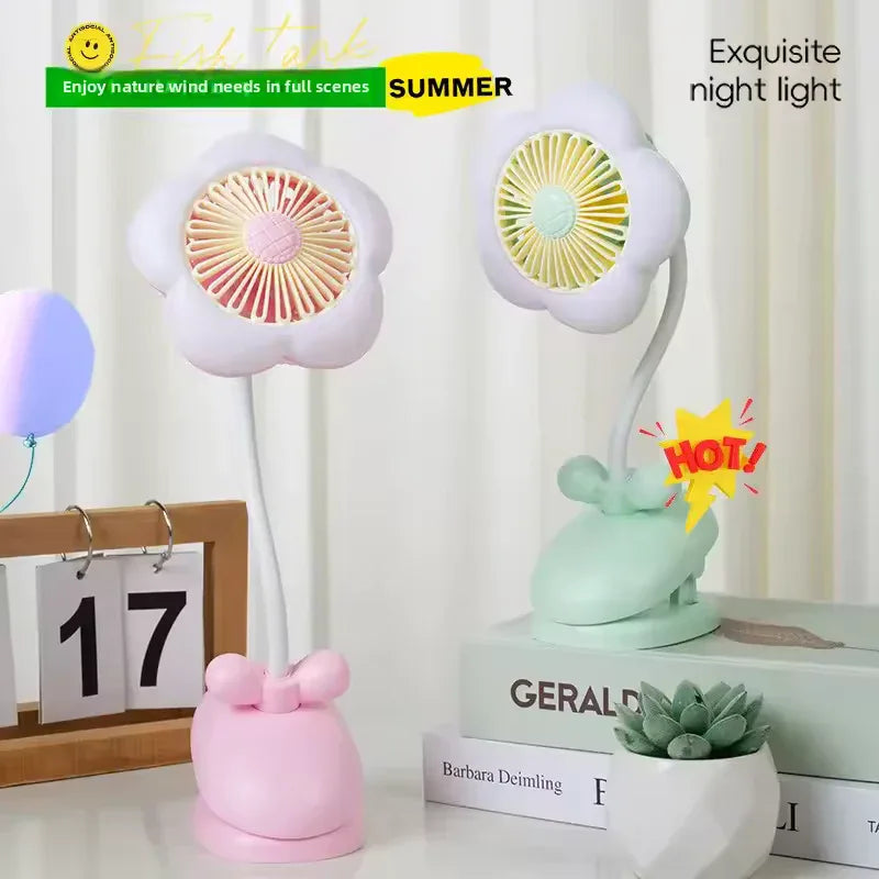 USB Rechargeable Flower Clip-on Fan – 360° Rotation with LED (Random Color)