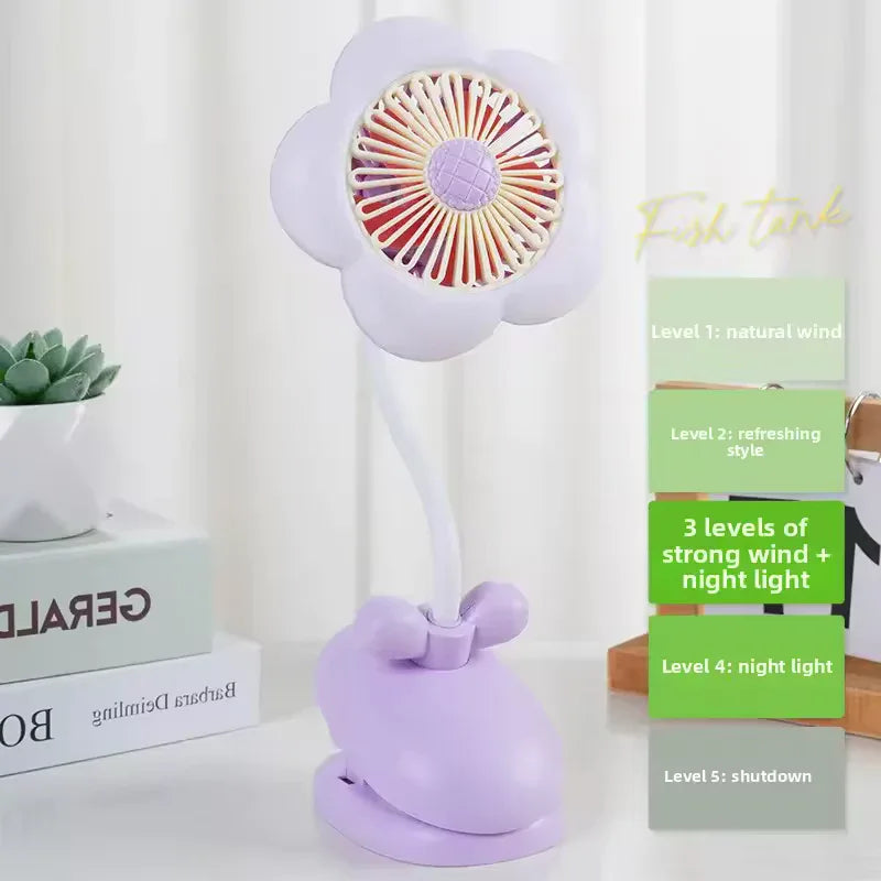 USB Rechargeable Flower Clip-on Fan – 360° Rotation with LED (Random Color)