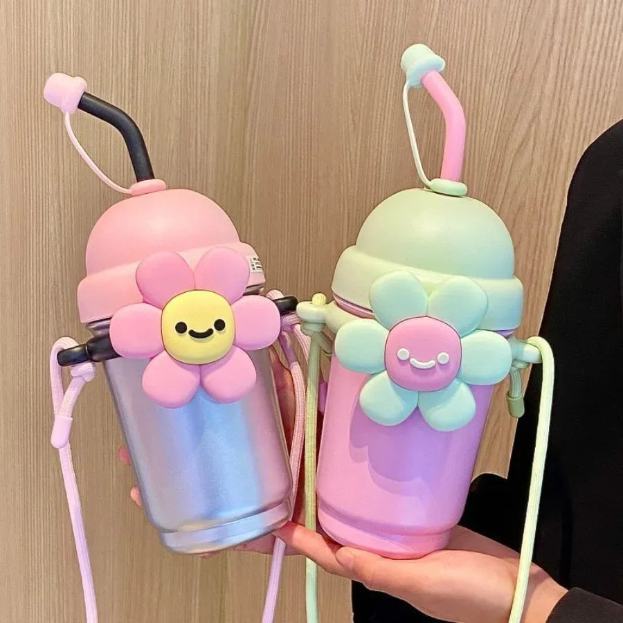 Cartoon Vacuum Straw Cup – Stainless Steel with Carry Rope