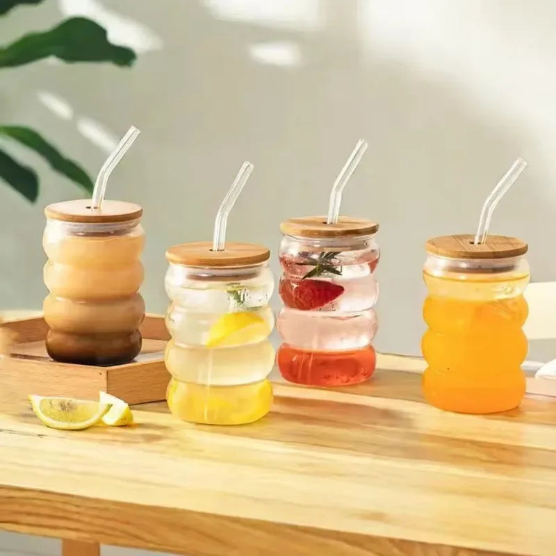Heat-Resistant Glass Cup with Lid & Straw – Wave Design