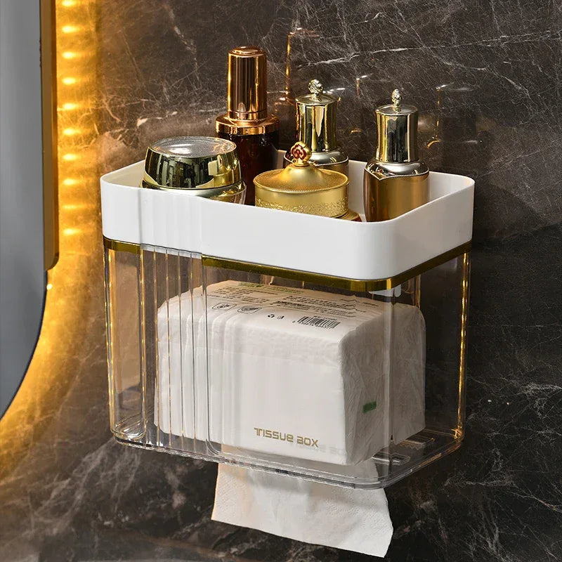 Punch-Free Toilet Paper Holder Box – Waterproof Bathroom Tissue Organizer with Storage Shelf