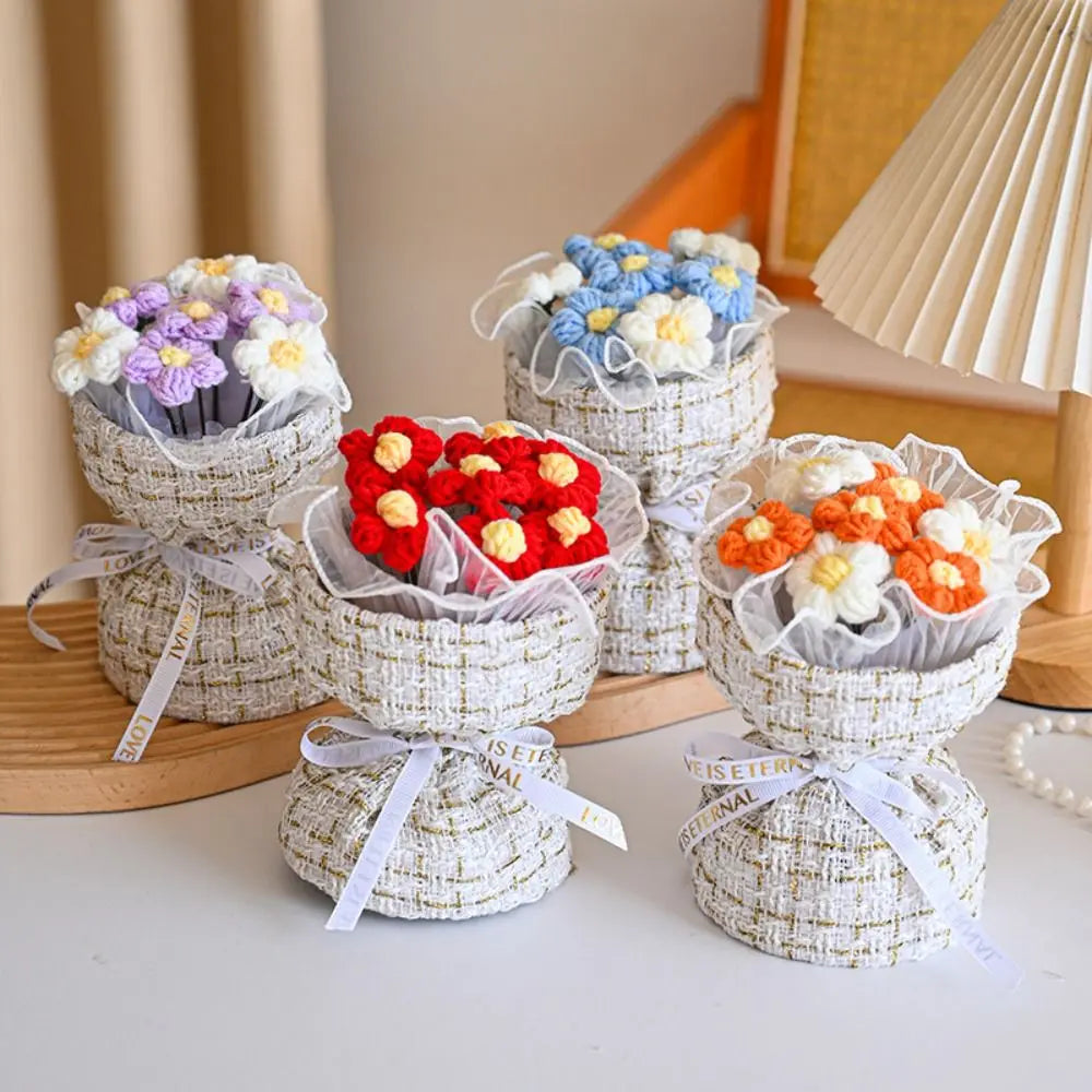 Wool Knitted Puff Flower Bouquet – Handmade Decor