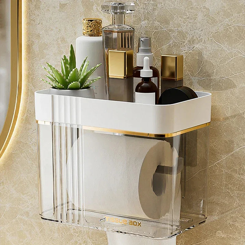 Punch-Free Toilet Paper Holder Box – Waterproof Bathroom Tissue Organizer with Storage Shelf