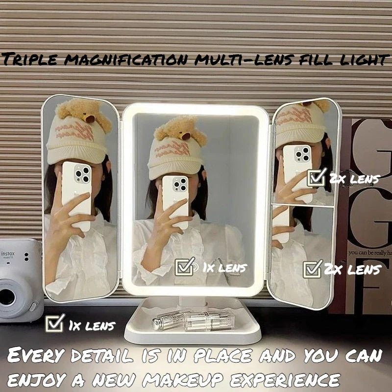 Dual Door 3-Fold LED Makeup Mirror - Touch Control 360° Rotating Vanity Mirror
