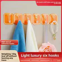 Strong Adhesive Six Row Hooks – No Drilling Wall Organizer for Kitchen & Bathroom