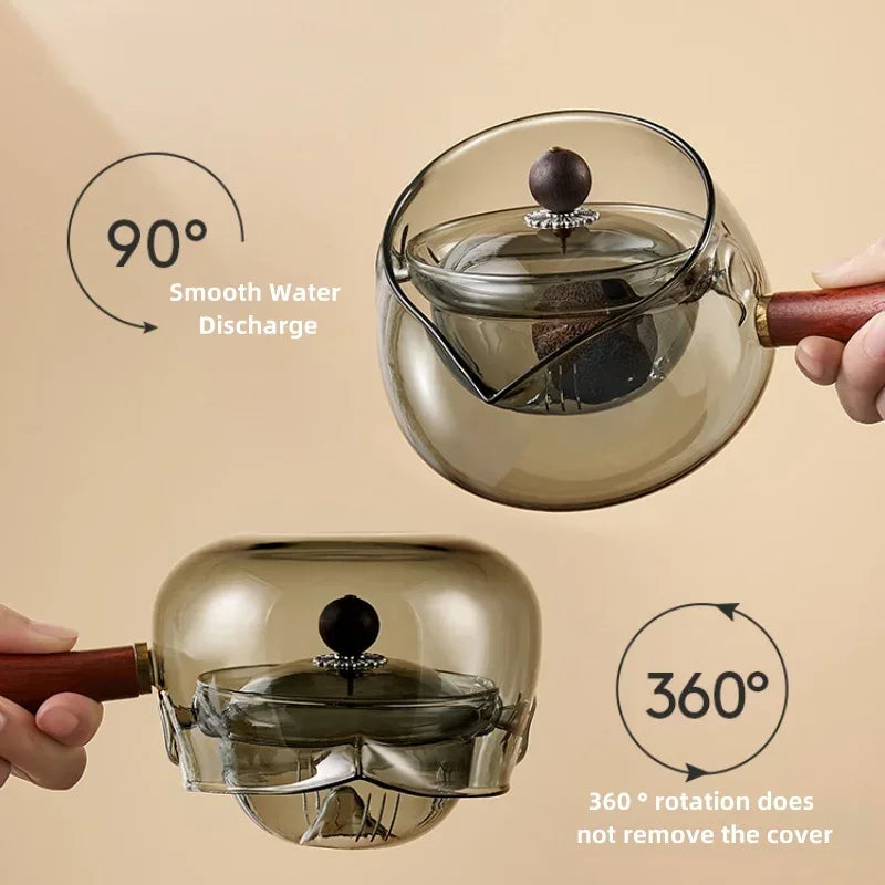 Side Handle Glass Teapot – High-Temperature Resistant Rotating Tea Filter Pot