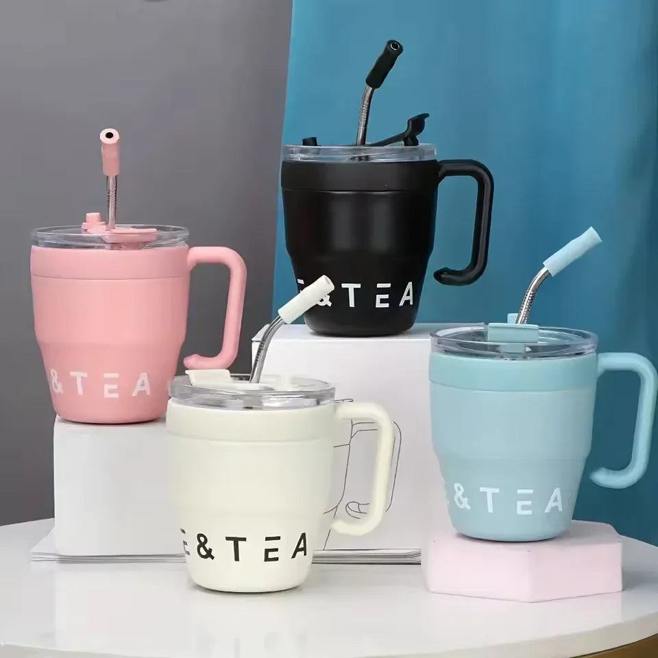 Stainless Steel Straw Lid Bottle 480ml – Hot & Cold Thermos (Random Color)
