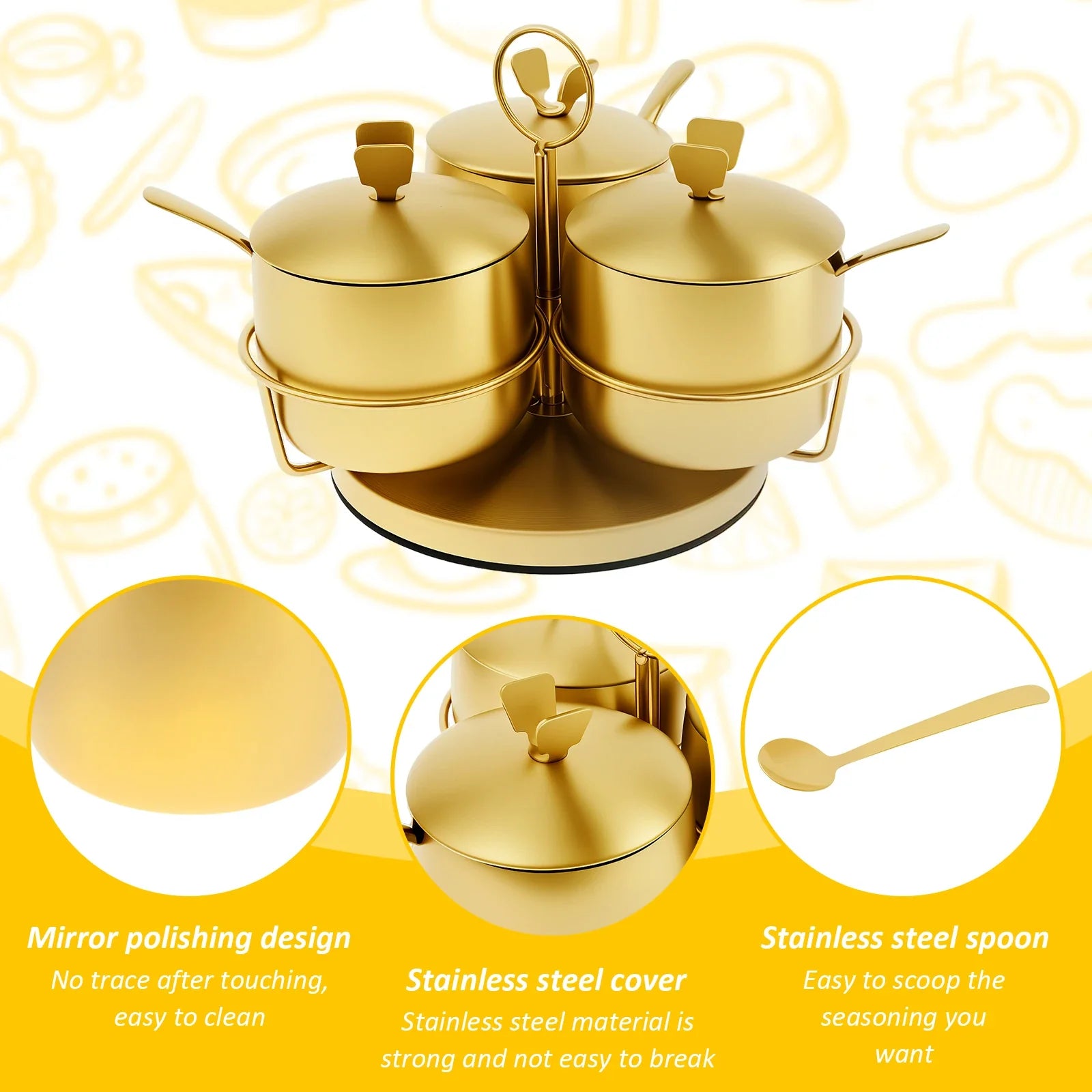 Golden Stainless Steel 3pcs Spice Containers Set