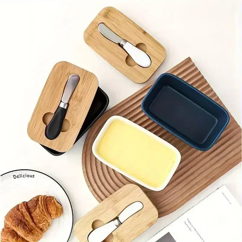 Ceramic Butter & Cheese Container with Wooden Lid